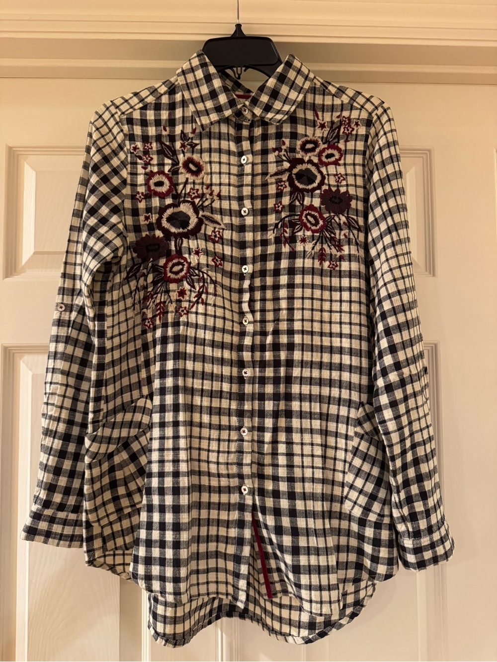 Kyla Seo  Plaid Embroidered Button-Down Shirt, Size S, Color Black/White/Burgund